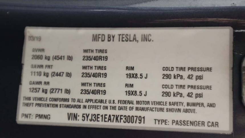 2019 Tesla Model 3 5YJ3E1EA7KF300791