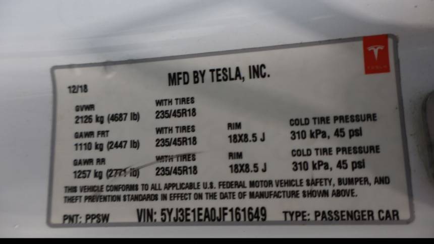 2018 Tesla Model 3 5YJ3E1EA0JF161649