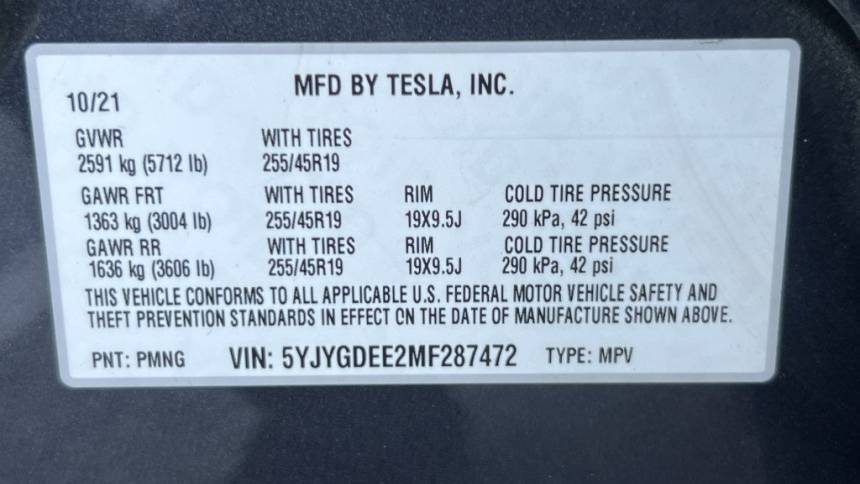 2021 Tesla Model Y 5YJYGDEE2MF287472