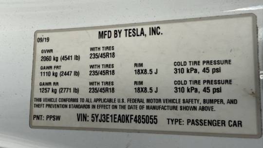 2019 Tesla Model 3 5YJ3E1EA0KF485055