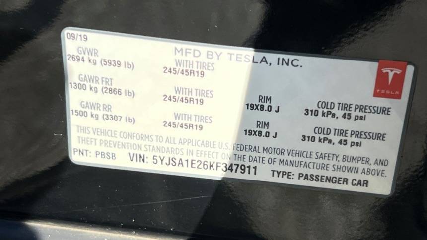 2019 Tesla Model S 5YJSA1E26KF347911