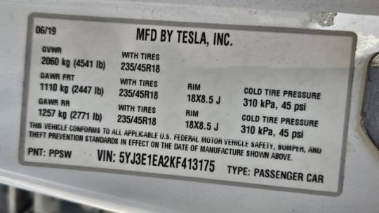 2019 Tesla Model 3 5YJ3E1EA2KF413175