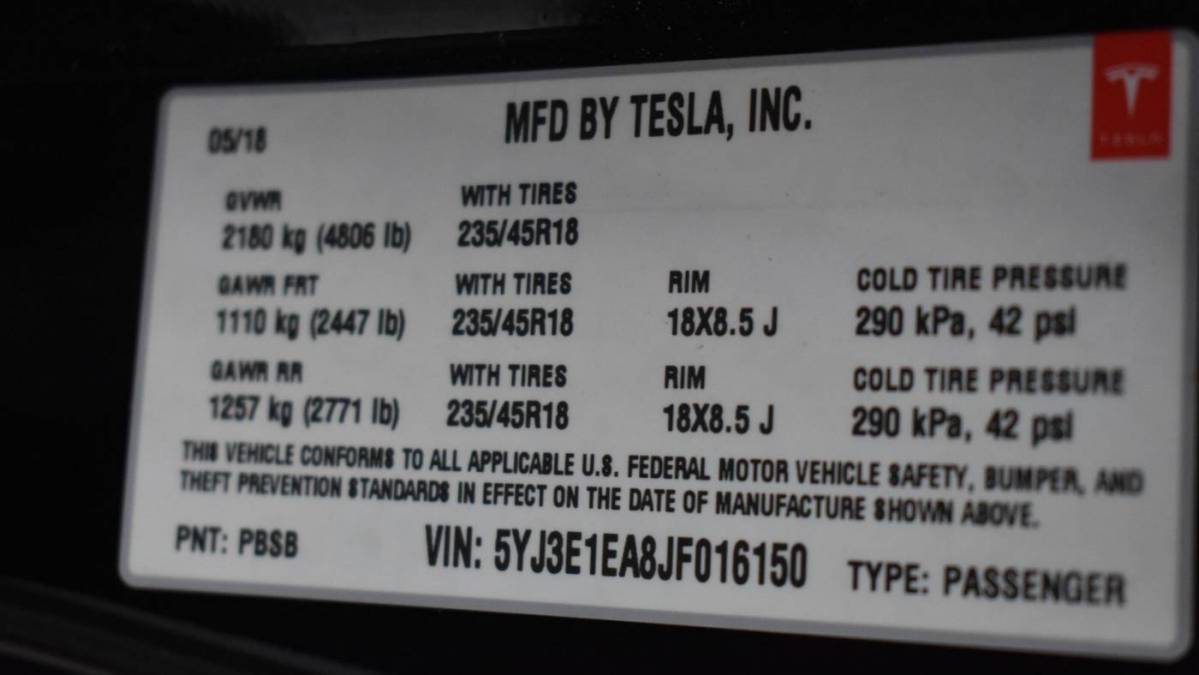 2018 Tesla Model 3 5YJ3E1EA8JF016150