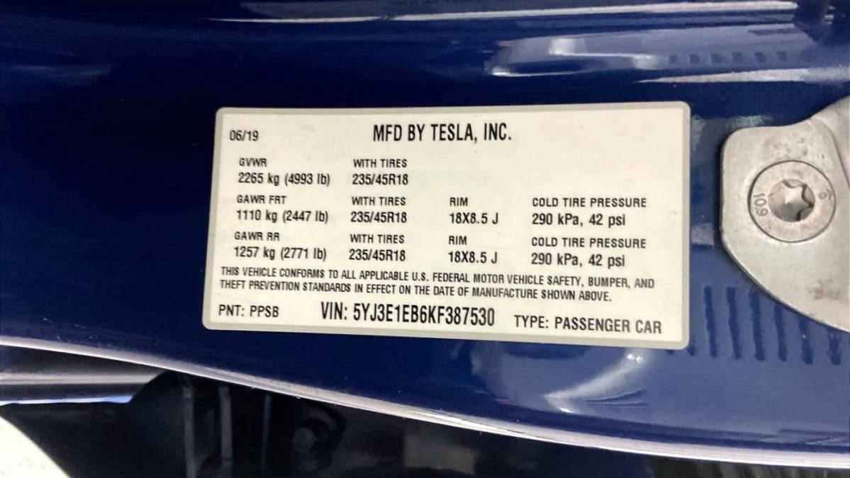 2019 Tesla Model 3 5YJ3E1EB6KF387530