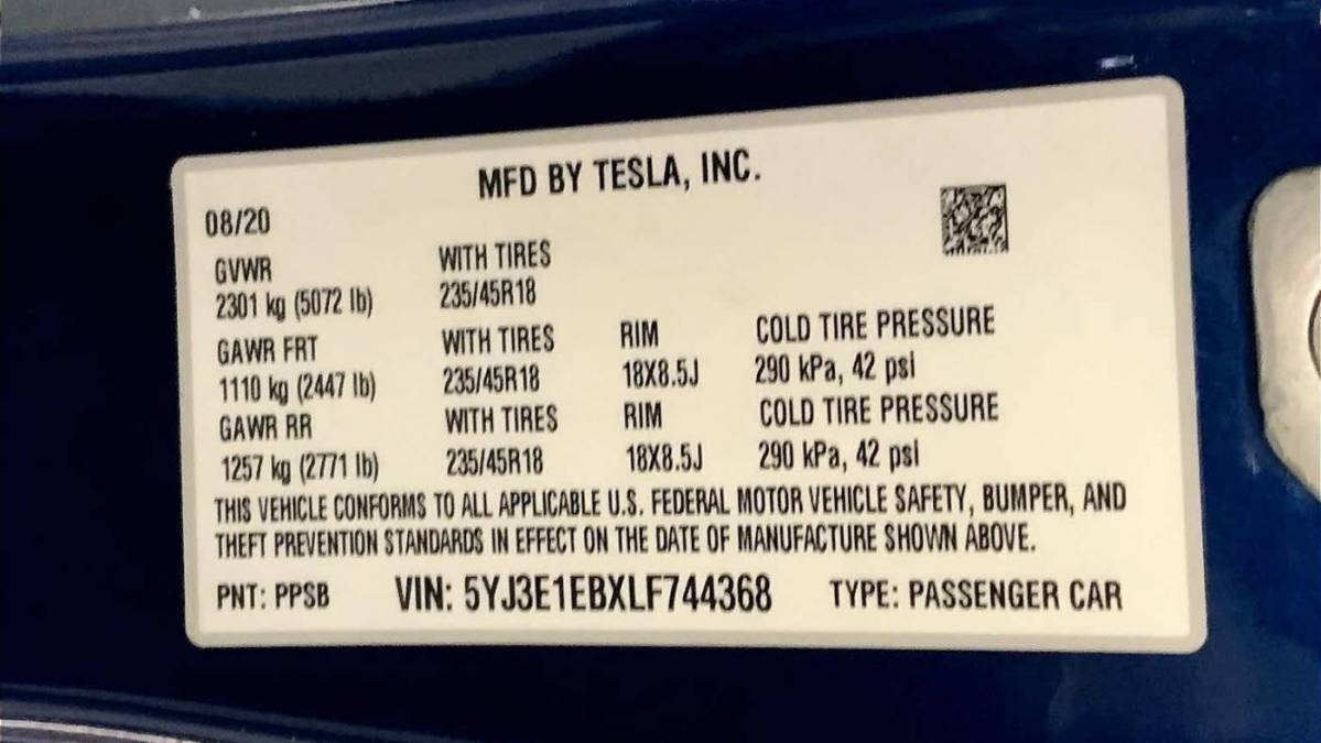 2020 Tesla Model 3 5YJ3E1EBXLF744368