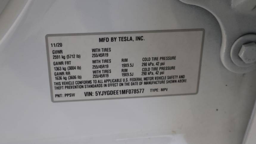 2021 Tesla Model Y 5YJYGDEE1MF078577