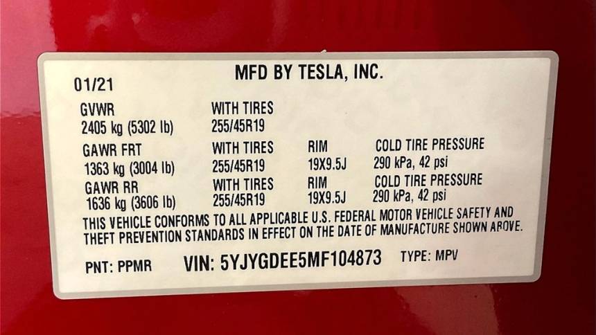 2021 Tesla Model Y 5YJYGDEE5MF104873