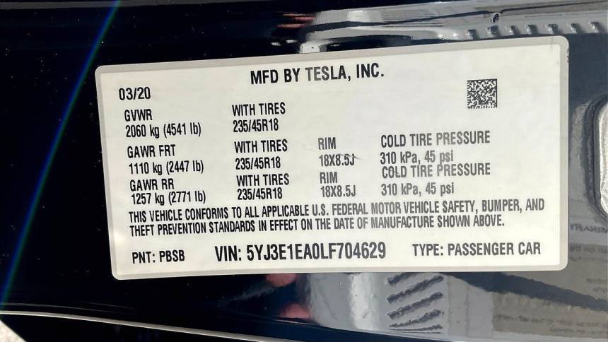 2020 Tesla Model 3 5YJ3E1EA0LF704629