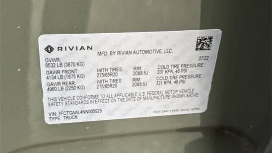 2022 Rivian R1T 7FCTGAAL4NN005925