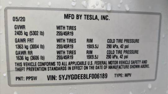 2020 Tesla Model Y 5YJYGDEE8LF006189