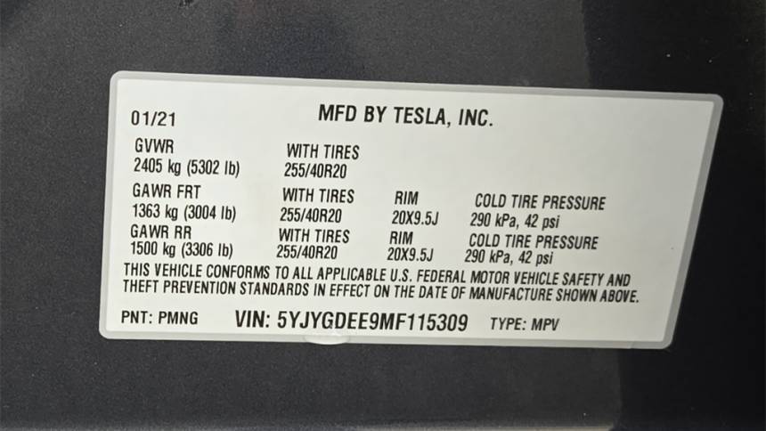 2021 Tesla Model Y 5YJYGDEE9MF115309