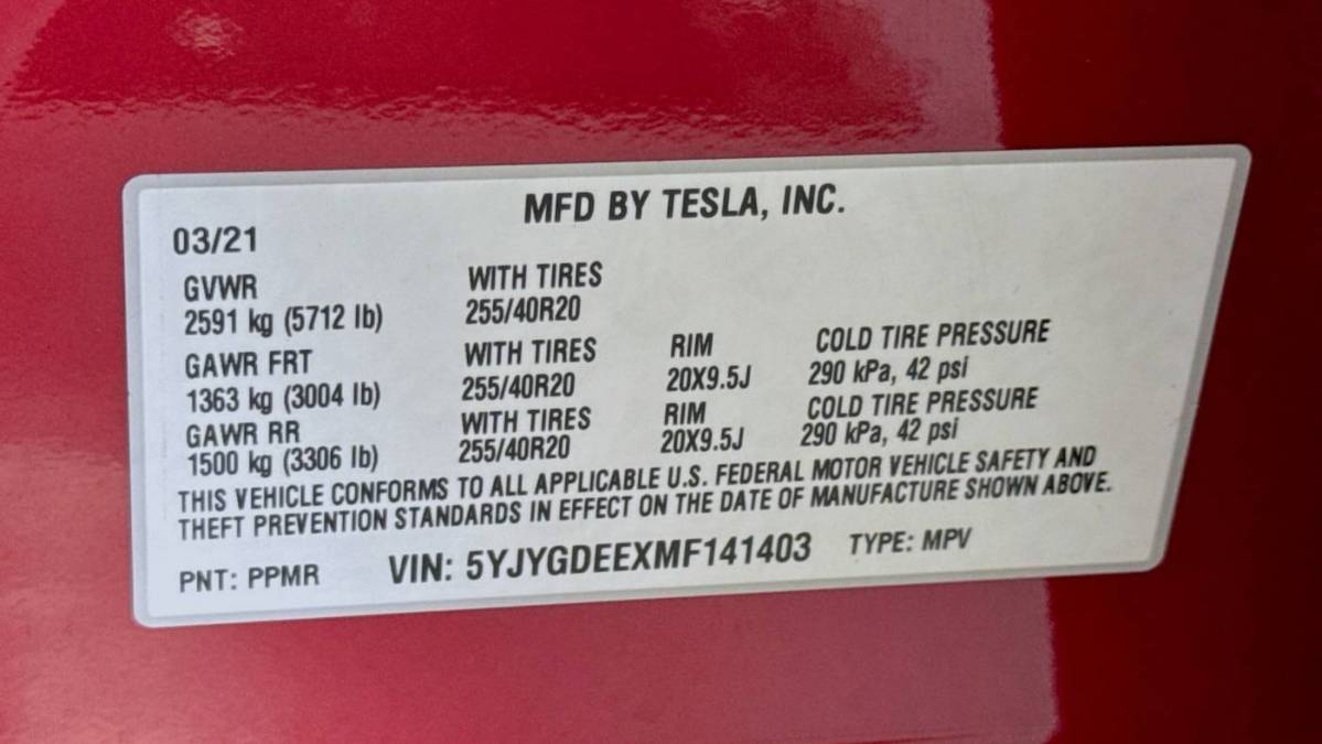 2021 Tesla Model Y 5YJYGDEEXMF141403