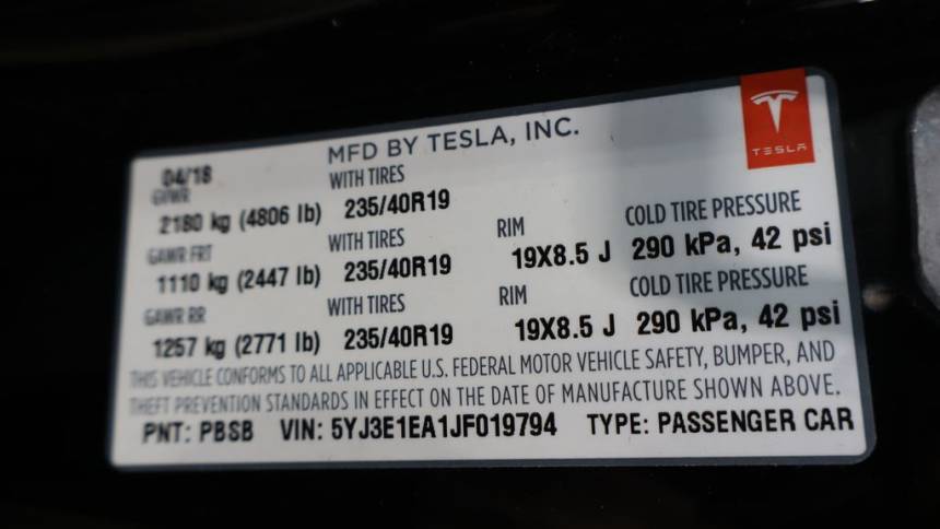 2018 Tesla Model 3 5YJ3E1EA1JF019794