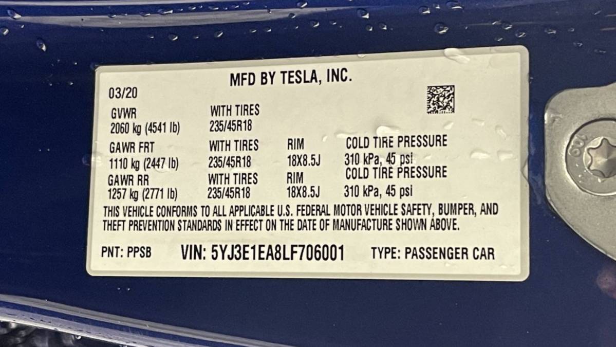 2020 Tesla Model 3 5YJ3E1EA8LF706001