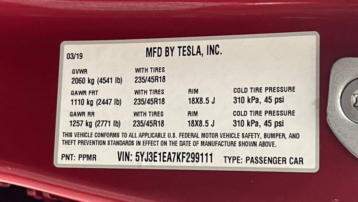 2019 Tesla Model 3 5YJ3E1EA7KF299111