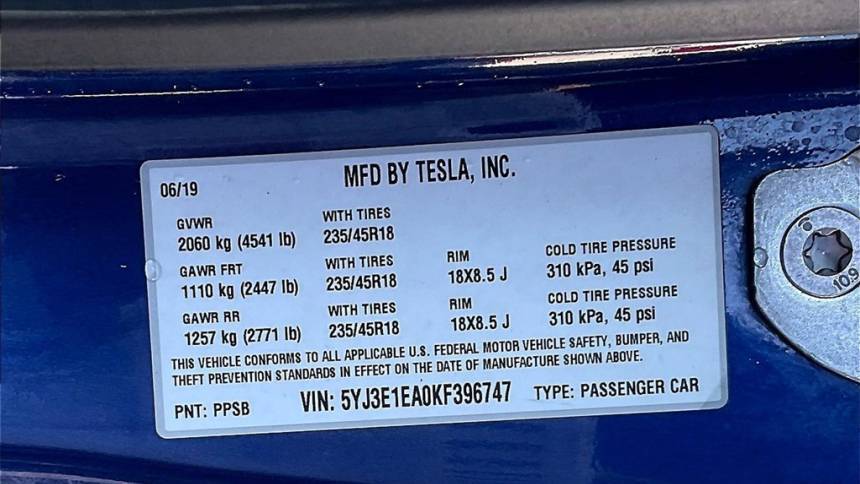 2019 Tesla Model 3 5YJ3E1EA0KF396747