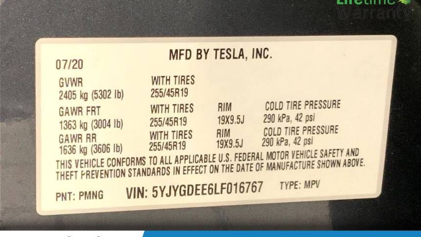 2020 Tesla Model Y 5YJYGDEE6LF016767