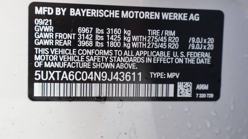 2022 BMW X5 5UXTA6C04N9J43611