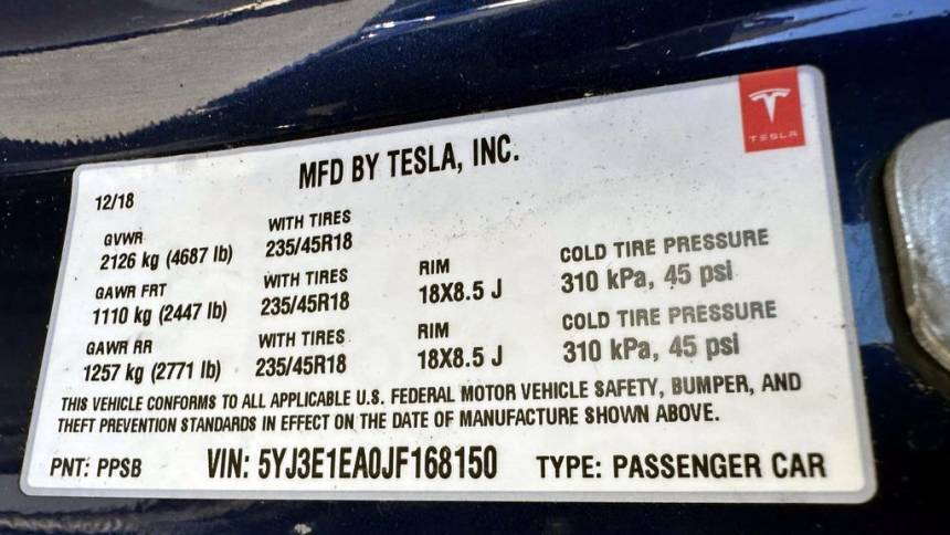 2018 Tesla Model 3 5YJ3E1EA0JF168150