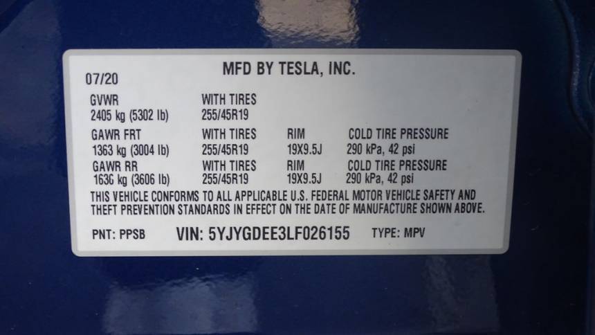 2020 Tesla Model Y 5YJYGDEE3LF026155