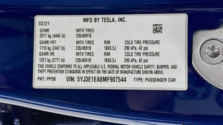 2021 Tesla Model 3 5YJ3E1EA8MF907544