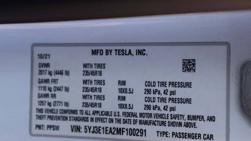 2021 Tesla Model 3 5YJ3E1EA2MF100291