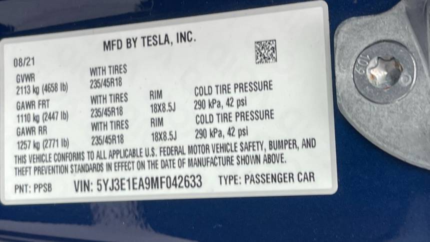 2021 Tesla Model 3 5YJ3E1EA9MF042633