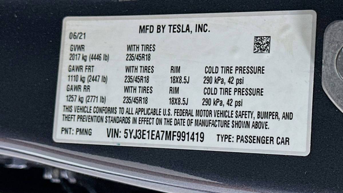 2021 Tesla Model 3 5YJ3E1EA7MF991419