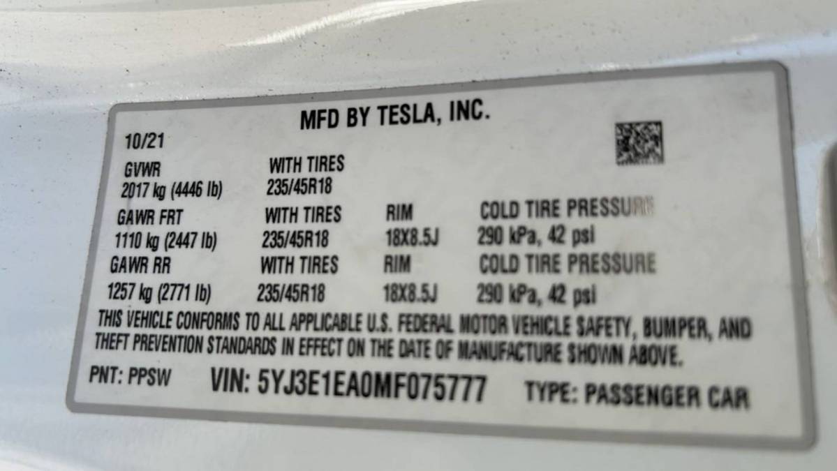 2021 Tesla Model 3 5YJ3E1EA0MF075777