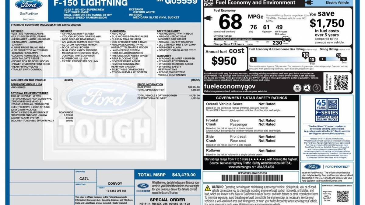 2022 Ford F-150 Lightning 1FTVW1EL6NWG05559