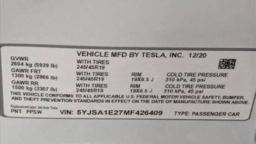 2021 Tesla Model S 5YJSA1E27MF426409