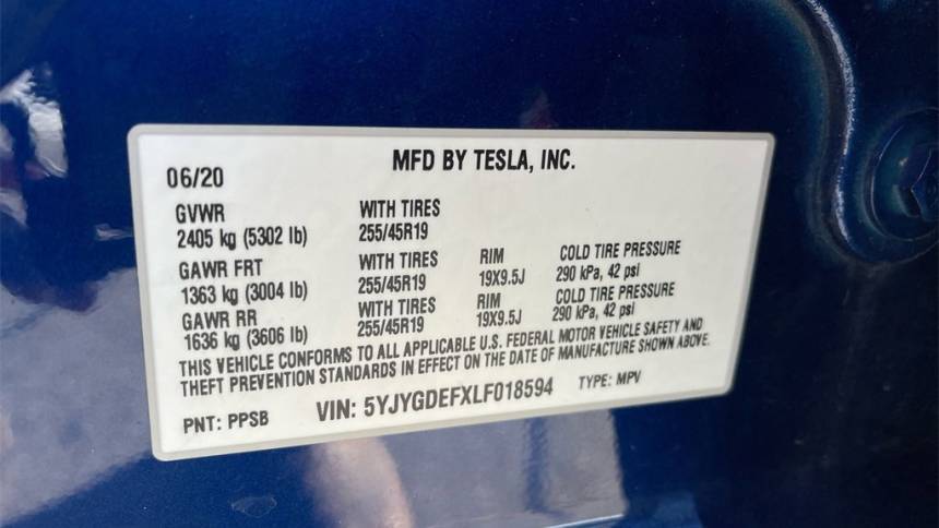 2020 Tesla Model Y 5YJYGDEFXLF018594