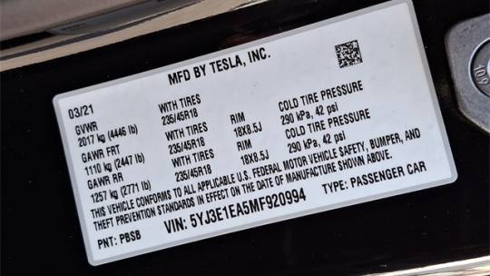 2021 Tesla Model 3 5YJ3E1EA5MF920994