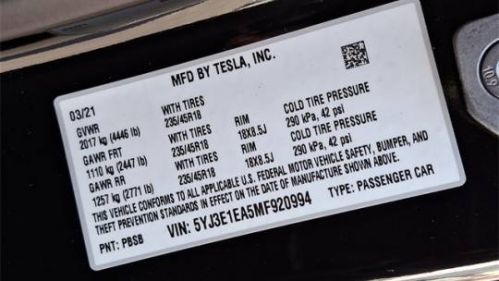 2021 Tesla Model 3 5YJ3E1EA5MF920994