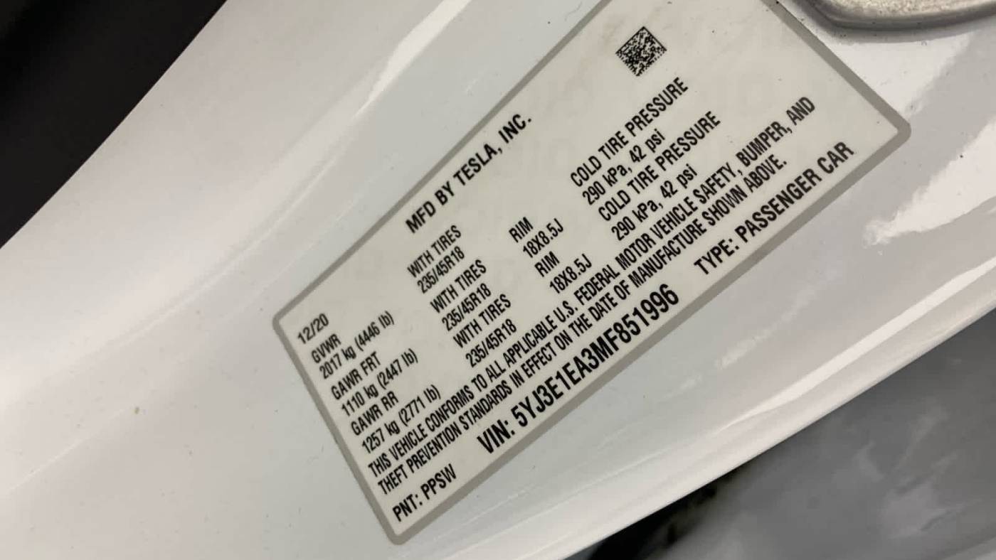 2021 Tesla Model 3 5YJ3E1EA3MF851996
