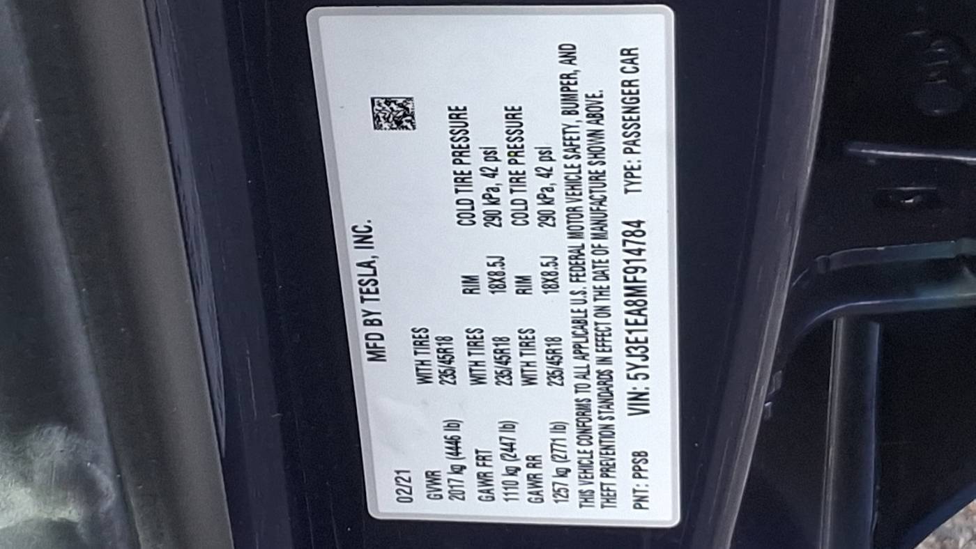 2021 Tesla Model 3 5YJ3E1EA8MF914784