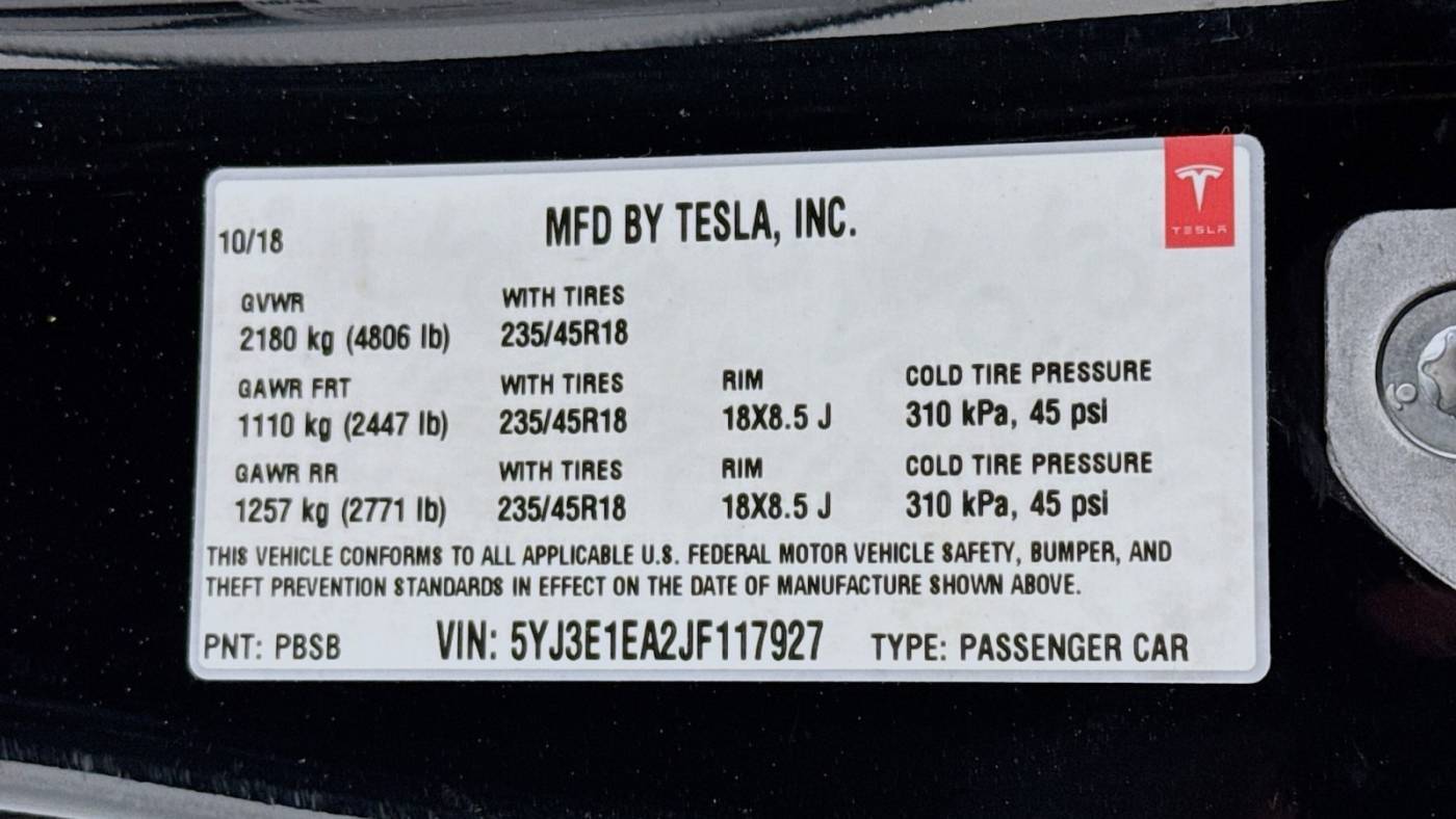 2018 Tesla Model 3 5YJ3E1EA2JF117927