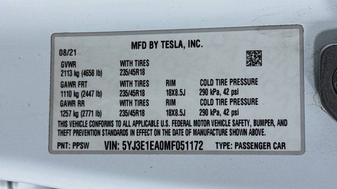2021 Tesla Model 3 5YJ3E1EA0MF051172