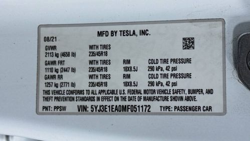 2021 Tesla Model 3 5YJ3E1EA0MF051172