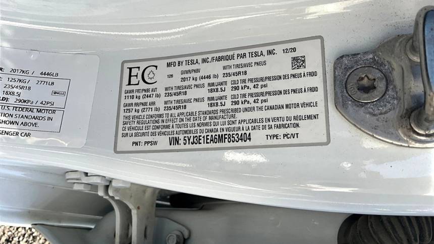 2021 Tesla Model 3 5YJ3E1EA6MF853404