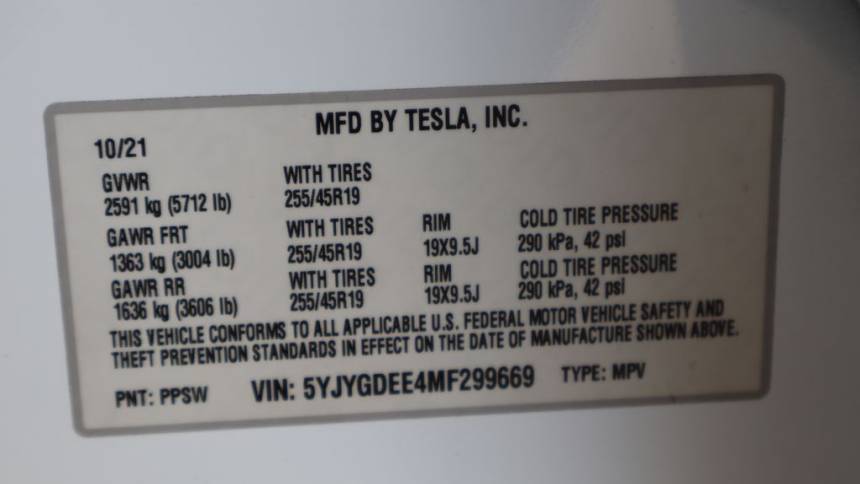 2021 Tesla Model Y 5YJYGDEE4MF299669