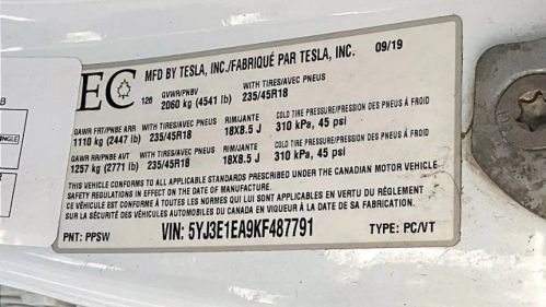 2019 Tesla Model 3 5YJ3E1EA9KF487791