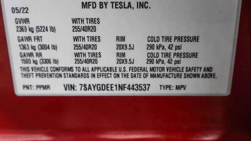 2022 Tesla Model Y 7SAYGDEE1NF443537