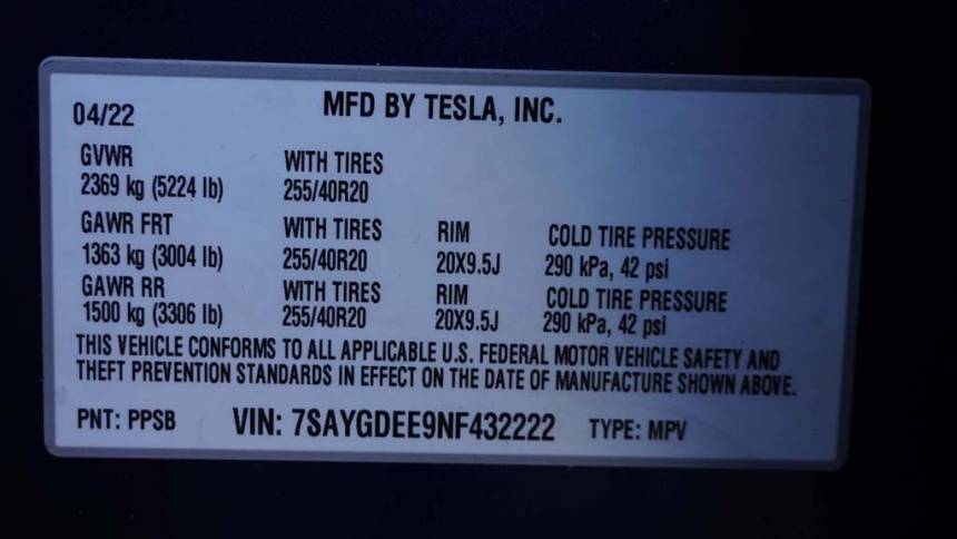 2022 Tesla Model Y 7SAYGDEE9NF432222