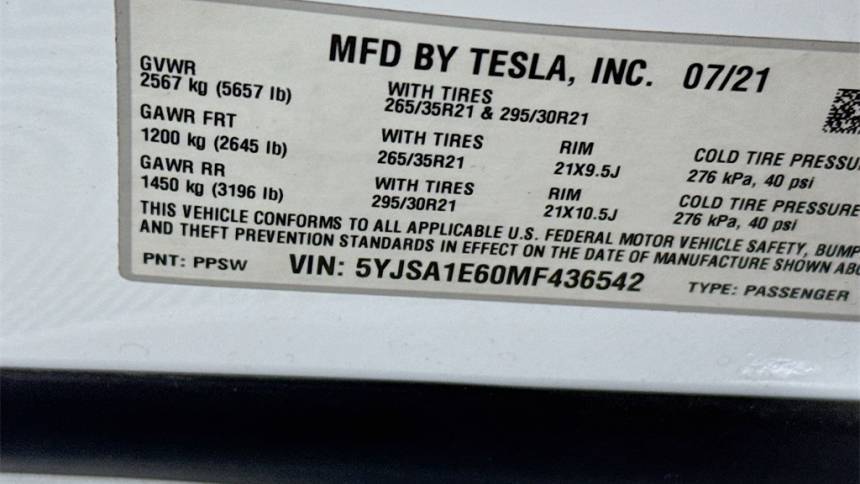 2021 Tesla Model S 5YJSA1E60MF436542