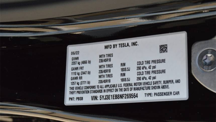 2022 Tesla Model 3 5YJ3E1EB8NF269564