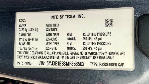 2021 Tesla Model 3 5YJ3E1EB8MF858502