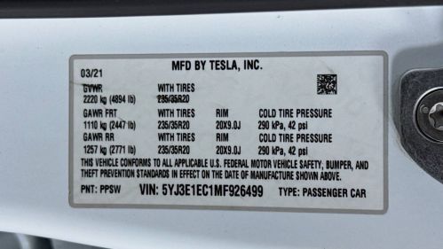 2021 Tesla Model 3 5YJ3E1EC1MF926499