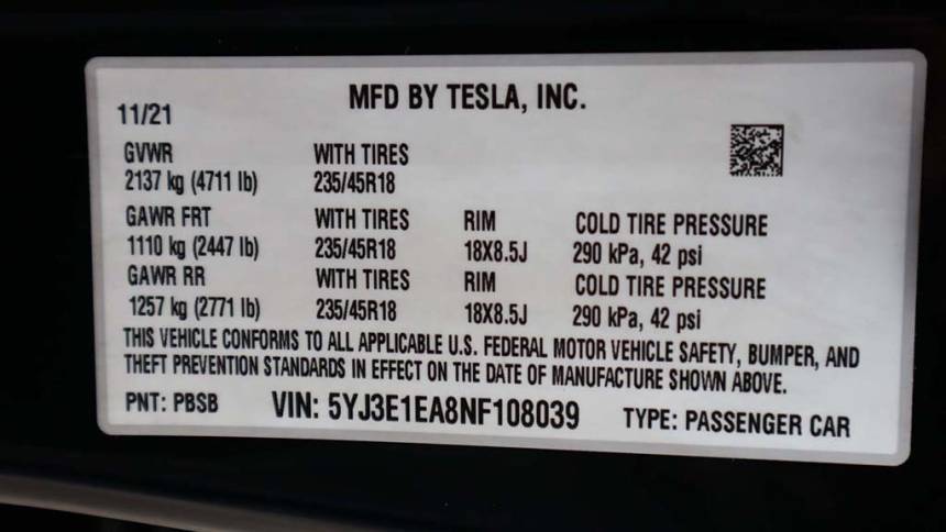 2022 Tesla Model 3 5YJ3E1EA8NF108039