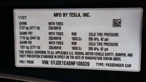 2022 Tesla Model 3 5YJ3E1EA8NF108039